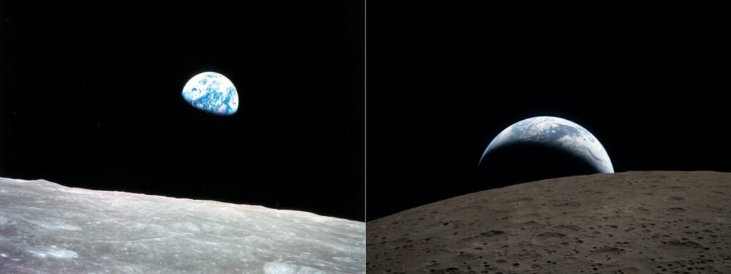 Links is ’n foto van die aarde wat ‘opkom’ op 24 Desember 1968, soos gesien deur Apollo 8. Regs ‘sak’ die aarde op 6 April 2026. Foto: Nasa.
