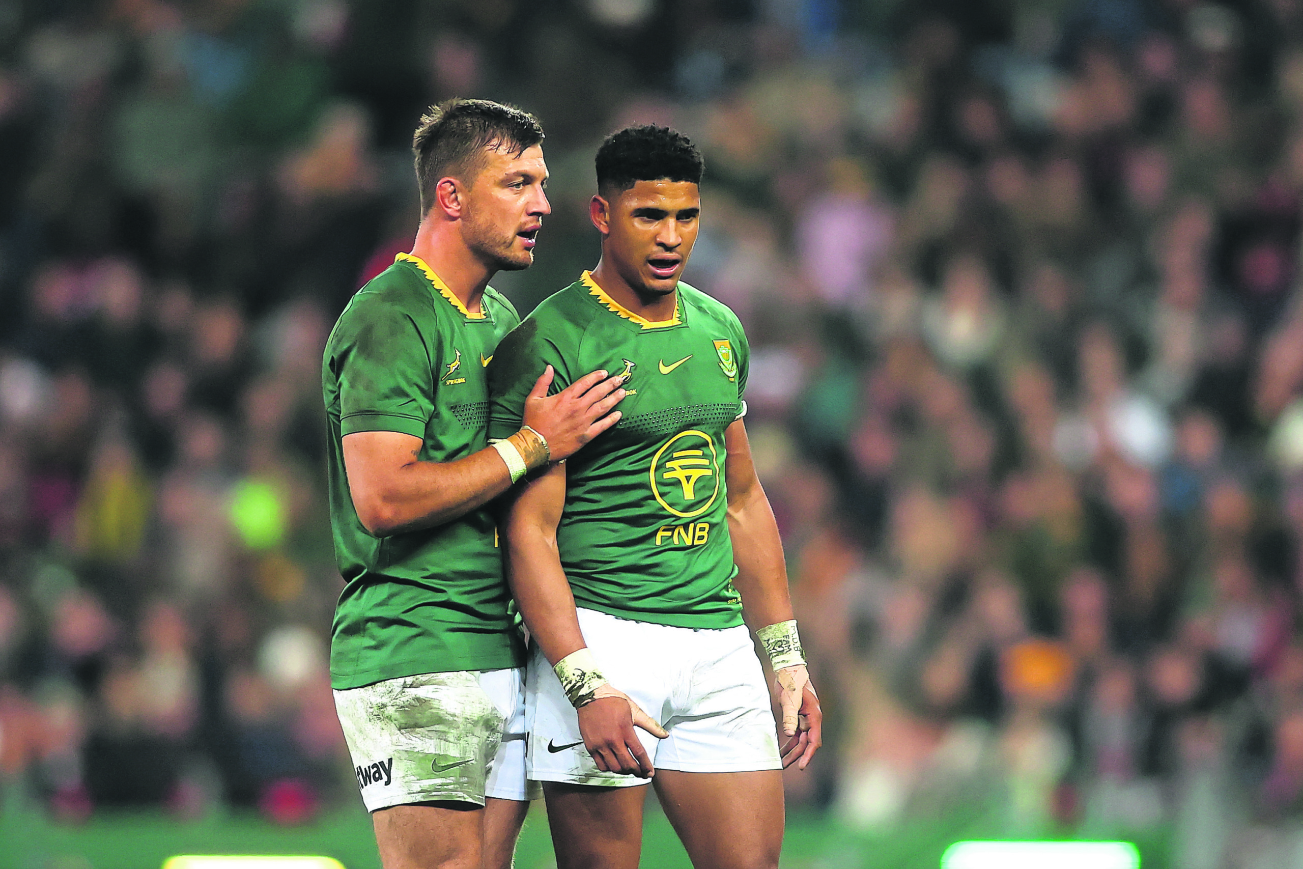Bok-losskakels Handré Pollard en Sacha Feinberg-Mngomezulu.